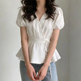 Puff-Sleeve V-Neck Plain Peplum Blouse