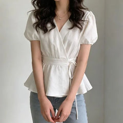 Puff-Sleeve V-Neck Plain Peplum Blouse