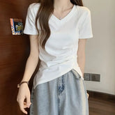 Short-Sleeve V-Neck Plain Ruched Asymmetrical Tee
