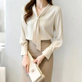 Long-Sleeve Scarf Collar Plain Blouse