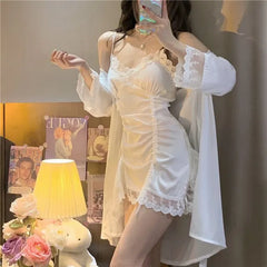 Spaghetti Strap Ruffle Drawstring Nightdress / Tie Front Robe