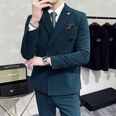 Set: Peak Lapel Plain Double-Breasted Blazer + Mid Rise Tapered Dress Pants