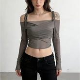 Long Sleeve Tie-Strap Off-Shoulder Plain Mesh Crop Top