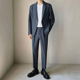 Set: Plain Single-Button Blazer + Tapered Dress Pants