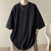 Elbow-Sleeve Crew Neck Plain Oversized T-Shirt