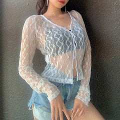 Long Sleeve V-Neck Lace See-Through Crop Light Cardigan