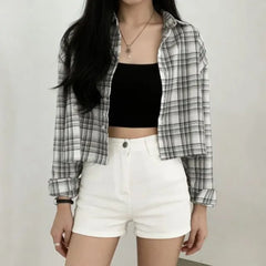 Long-Sleeve Button-Up Plaid Crop Blouse