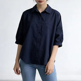 Elbow-Sleeve Collared Plain Ruched Shirt