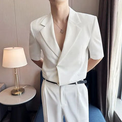 Set: Short-Sleeve Lapel Collar Button Blazer + Mid Rise Plain Dress Pants