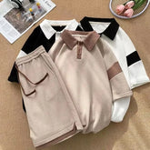 Set: Short-Sleeve Two Tone Panel Polo Shirt + Drawstring Waist Sweat Shorts