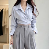 Long-Sleeve Plain Button-Up Wrap Crop Shirt