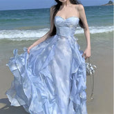 Spaghetti Strap Tie Dye Ruffle Maxi A-Line Dress