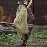 Mid Waist Plain Cropped Baggy Ramie Pants