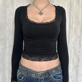 Long Sleeve Scoop Neck Lace-Trim Plain Slim-Fit Crop Top
