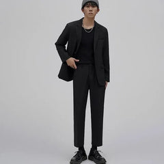 Plain Single-Breasted Blazer / Mid Rise Tapered Dress Pants