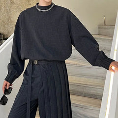 Set: Mock Neck Plain Single Breasted Blazer + Mid Rise Wide Leg Pants + Skirt