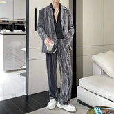 Set: Plain Single-Breasted Blazer + Mid Rise Wide Leg Pants