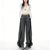 Drawstring Waist Two Tone Wide Leg Pants