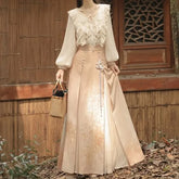 V-Neck Ruffle Trim Blouse / Midi Rise Plain Maxi A-Line Skirt / Set