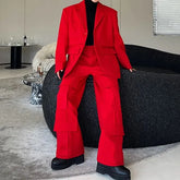 Set: Lapel Collar Plain Detachable Single-Breasted Cargo Blazer + High Waist Wide Leg Dress Pants