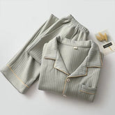 Pajama Set: Long-Sleeve Collared Contrast Trim Shirt + Elastic Waist Straight Leg Pants