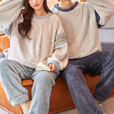 Couple Matching Pajama Set: Crew Neck Striped Sweatshirt + Plain Pants