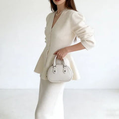 V-Neck Plain Peplum Cardigan / Maxi Pencil Knit Skirt