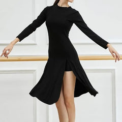 Long-Sleeve Crew Neck Plain Side-Slit Dance Dress