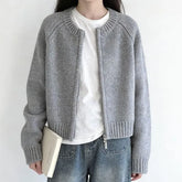 Round Neck Plain Zip Cardigan