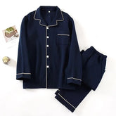 Pajama Set: Plain Contrast Trim Shirt + Pants
