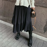 High Waist Asymmetrical Plain Accordion Pleat Midi A-Line Skirt