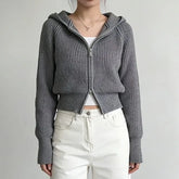 Plain Ribbed Zip-Up Knit Hoodie