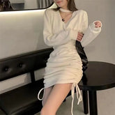 Long-Sleeve Mock Neck Plain Cutout Drawstring Mini Sheath Dress