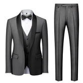 Set: Shawl Lapel Two Tone Single Breasted Blazer + V-Neck Button Vest + Mid Rise Plain Straight Leg Dress Pants