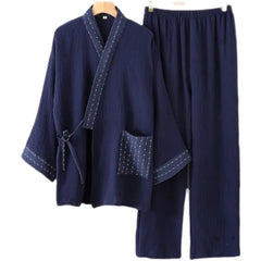 Pajama Set: Plain Long-Sleeve Plain Contrast Trim Kimono Top + Pants