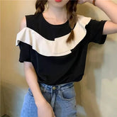 Cold-Shoulder Two-Tone Ruffled Blouse