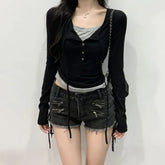 Long-Sleeve Henley Two Tone Mock Two-Piece T-Shirt