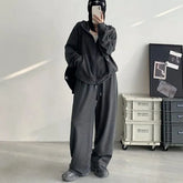 Plain Zip Hoodie / Drawstring Waist Wide Leg Sweatpants
