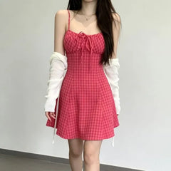 Set: Spaghetti Strap Dotted Mini A-Line Dress + Light Scarf