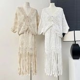 Lace V-Neck Shirt / Fringed High-Waist Pencil Skirt