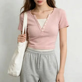 Short Sleeve Mock Two Piece Color-Block Slim-Fit Crop Top