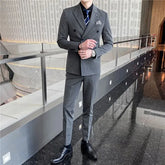 Set: Plain Double-Breasted Blazer + Mid Rise Tapered Dress Pants