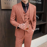 Set: Lapel Collar Melange Single-Breasted Blazer + V-Neck Vest + Mid Rise Straight Leg Dress Pants