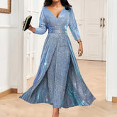 XL - 3/4-Sleeve V-Neck Glitter Jumpsuit
