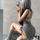 Sleeveless Plain Hooded Cutout Back Drawstring Romper
