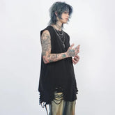Crew Neck Washed Distressed Chain Tank Top