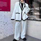 Set: Contrast Trim Single Button Blazer + Plain Wide Leg Pants