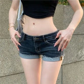 Low Rise Washed Roll Up Hem Denim Shorts