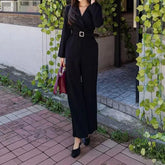 Long-Sleeve Lapel Collar Plain Jumpsuit