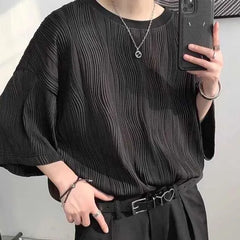 3/4-Sleeve Crew Neck Plain Textured T-Shirt